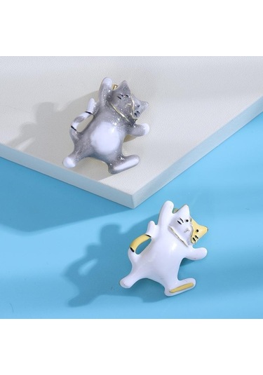 Gri Blucome Güzel Yağ Dans Beyaz Kedi Broş Emaye Alaşım Takı Omuz Kazak Şapka Aksesuarları Kadın Kızlar İçin