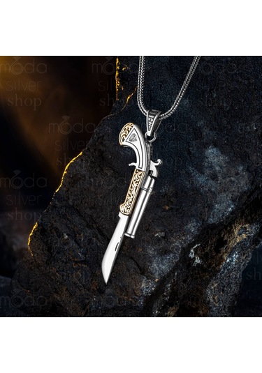 925 Ayar Gümüş Avcı Silahı Tasarım Açılır Kapanır Erkek Kolye Gümüş