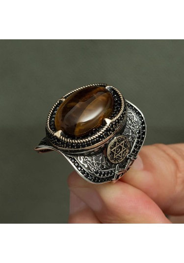 Kaplan Gözü Taşlı Süleyman Mührü 925 Gümüş Erkek Yüzük Beyaz