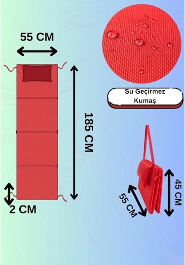 185x55 Cm Kırmızı Katlanabilir Su Geçirmez Şezlong Ve Yer Minderi - Plaj Matı