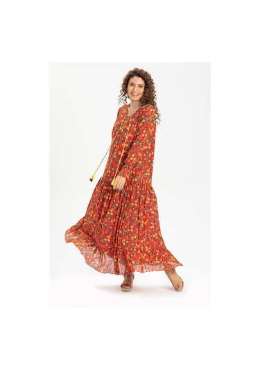 Uzun Kol Vual Gonca Uzun Elbise Tomurcuk Desen Turuncu 6168