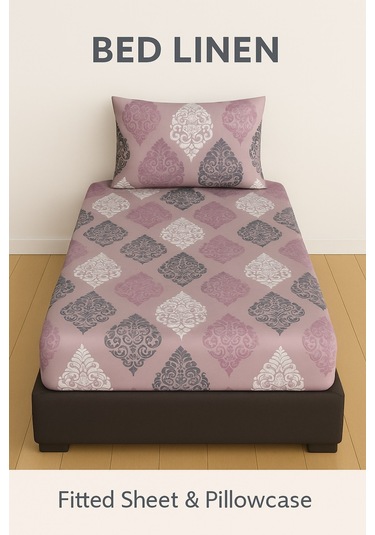 Tek Kişilik Desenli Lastikli Çarşaf Seti 100x200 Cm + 1 Yastık Kılıfı 50x70 Gül Kurusu