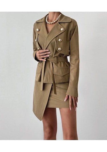 Kadın Düğme Detaylı Hardal Ceket Ve Etek Alt Üst Takım Hardal