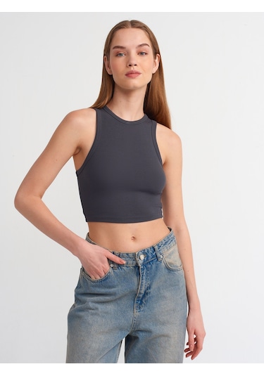 Dilvin Dikiş Efektli Crop Top Antrasit