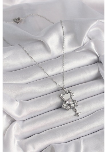 316l Çelik Gümüş Renk Ayna Ayıcık Model Zirkon Taşlı Kalp Detay Kadın Kolye - Tj-bko9627 Gümüş