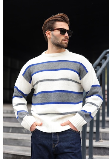 Kemik Rengi Çizgili Bisiklet Yaka Triko Erkek Kazak E7455 Kemik Rengi