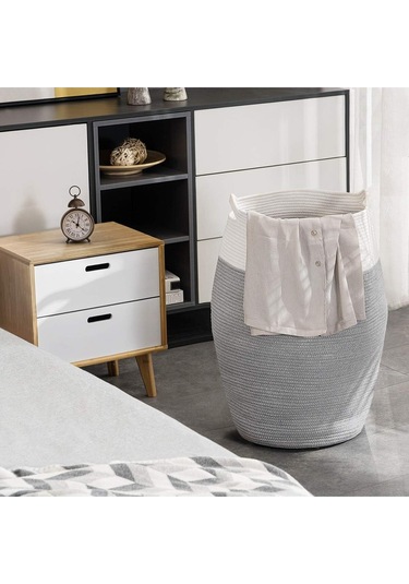 Themis Çamaşır Sepeti, Kirli Elbise Sepeti, Hasır Pamuk Halat Uzun Çamaşır Sepeti, Ev Dekoru Gribeyaz