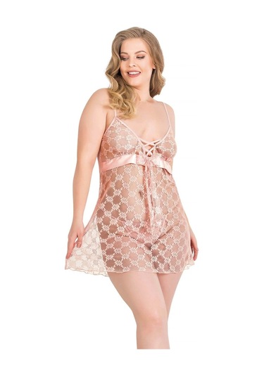 Arias Closet Büyük Beden Somon Kısa Tül Gecelik SOMON