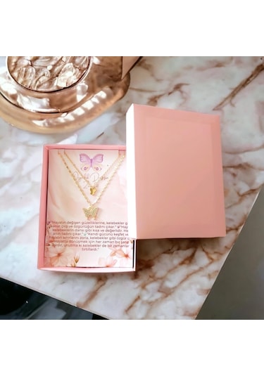 Çift Katlı Kadın Kelebek Kolye - Kararmaz Altın Kaplama