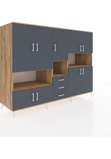 Kronos Dolap 13 Raflı 3 Çekmeceli 9 Kapaklı 220x59x163 Çam-antras Çam-antrasit