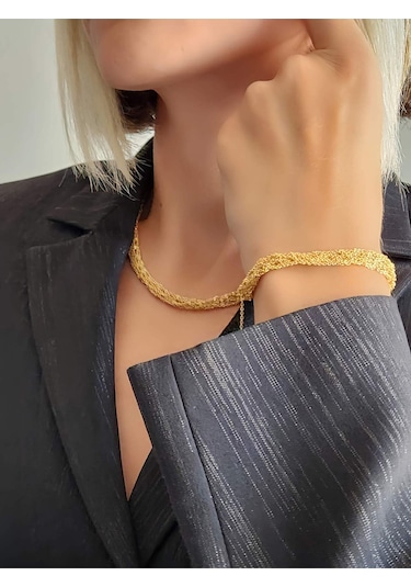 Zırh Örgü Model Çelik Zincir Dokuma Altın Kaplama Kolye Bileklik Set