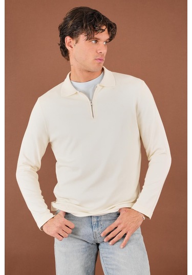 Fermuarlı Polo Yaka Kazak Ekru