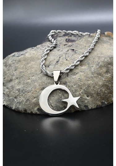 Ay Yıldızlı - Ay Yıldız Kolye Paslanmaz Çelik Zincir 902300 Gümüş