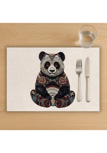 Renkli Panda Tasarımlı Amerikan Servis, Tabak Altlığı & Şık Masa Dekoru, Ev Hediyesi, 2 Adet Krem