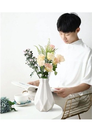 Çiçekler İçin Plastik Vazo Kırılmaz Beyaz Çiçek Vazosu Geometrik Vazo Seramik Görünümlü Ev Dekorasyonu İçin Plastik Vazo Beyaz