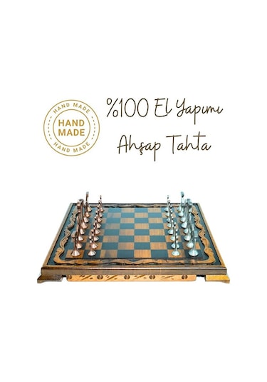 Mc44 Büyük Boy Metal Satranç Takımı Gerçek Ceviz Tahta El Yapımı Antik Taşlar 35x35cm