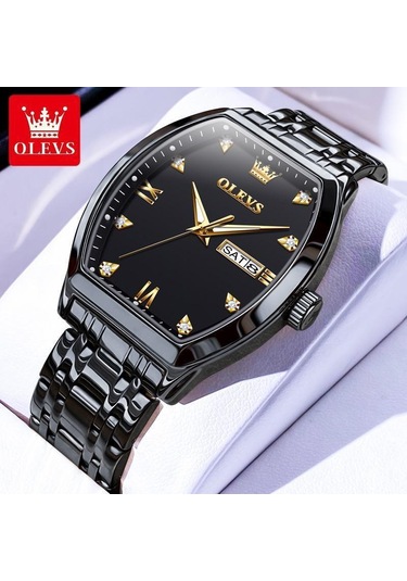 Olevs Top Marka Erkek Kuvars Saat Lüks Elmas Şık Paslanmaz Çelik Tonneau Kadran Su Geçirmez Işıldayan Erkek Kol Saati Siyah