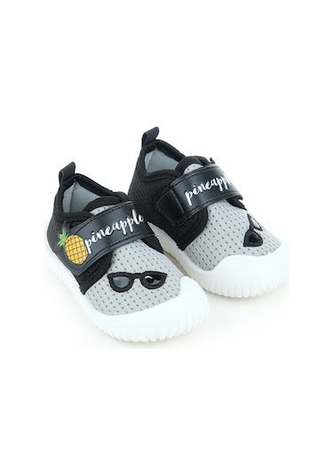 Gezer Yazlık Keten Bebe Erkek Ayakkabı Gri-siyah