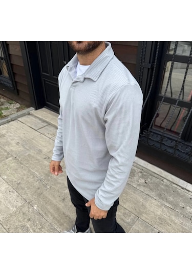 Erkek Fitilli Polar Sweatshirt Düğmesiz Polo Yaka, Oversize Rahat Kalıp, Kalın Polar Kumaş, Kışlık Gri