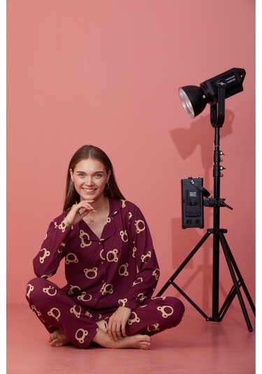 Kadın Mevsimlik Pamuklu Penye Pijama Takımı Önden Düğmeli Bordo