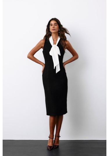 Sateen Fularlı Kolsuz Tüvit Elbise - Siyah-135147 Siyah