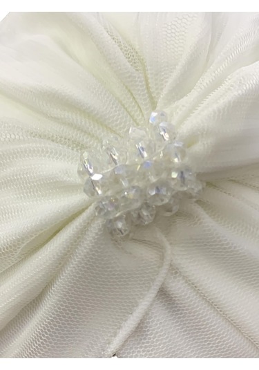 Dizayn Tüllü Kristal Taş İşlemeli Çift Taraflı Astarlı Ekru Hazır Türban Tesettür Abiye Bone Ekru