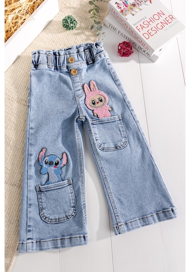 Babymod Figürlü Likralı Denim Kız Çocuk Kot Pantolon Mavi