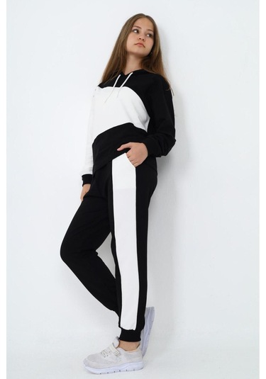 Kız Çocuk %100 Pamuk Garnili Kapüşonlu Uzun Kol Alt&üst Eşofman Takım-eşt-0018 Siyah