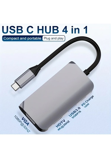 Honeybeeshop 4ü 1 Arada Usb C Hub Hdtv Vga Usb 30 4k 1080p 100w Hızlı Şarj Alüminyum Kasa Altın Kaplama Port Dizüstü Macbook Uyumlu Dell Hp