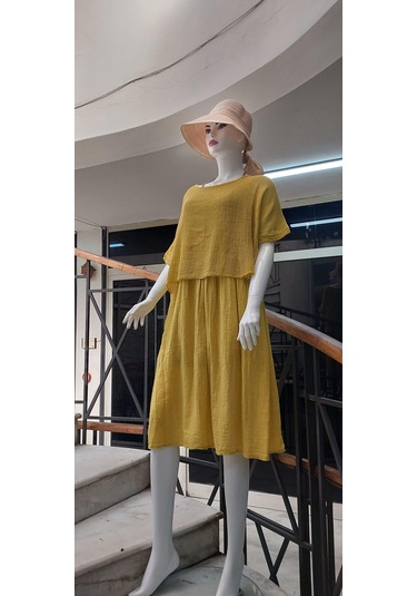 İtalyan Müslin Keteni Üstü File Bluzlu Astarlı Tek Parça Elbise Hardal Sarısı Hardal