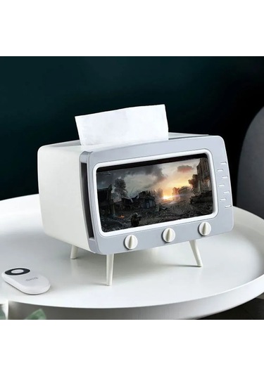 Mufunye Retro Tv Desenli Çift Fonksiyonlu Servet Tutucu: Akıllı Telefon Tutucu İle Ev Ofis Dekorasyonu Beyaz