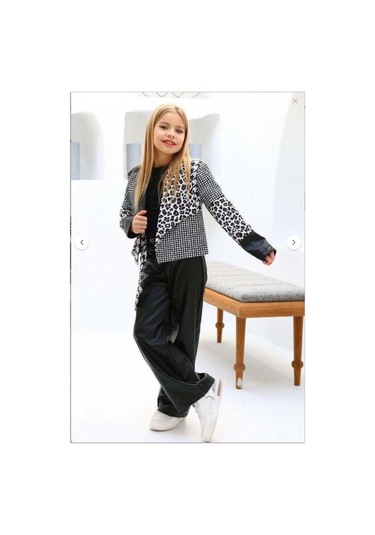 Riccotarz Kız Çocuk Üzeri Leopar Ve Kazayağı Deri Detaylı Ceket Bol Kesim Pantolon Siyah Alt Üst Takım Siyah