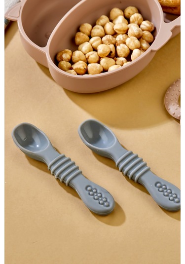 2'li Silikon Bebek Beslenme Seti / Bölmeli Mama Tabağı / Mama Kaşığı Mocca
