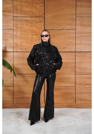 Cemo Full Pul Payetli Siyah Fermuarlı Bomber Ceket Siyah