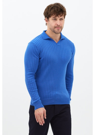 Saks Erkek Polo Yaka Fitilli Triko Kazak Saks