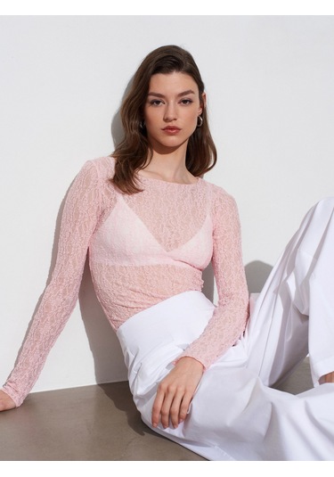 Dilvin 32764 Kayık Yaka Dantel Top-açık Pembe