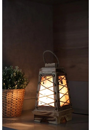 Lebron Ahşap Hasır Ipli Piramit Tuz Lambası Açık Ahşap