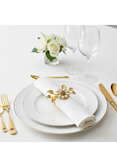 6 Lı Gold Kaplama Beyaz Mineli Yapraklı Papatya Peçete Halkası Seti Altın