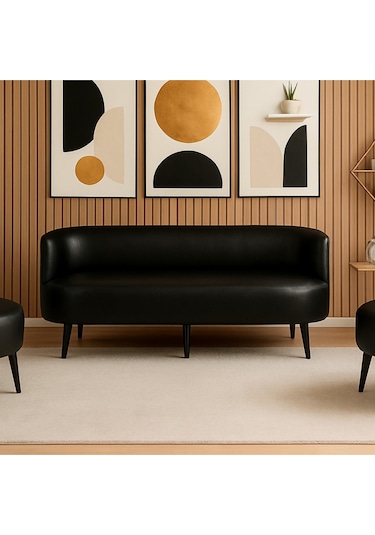Sydney Üçlü Koltuk Kanepe Deri Kumaş - Ahşap Ayak Ev & Ofis Kullanımı - Siyah Siyah