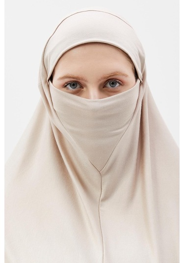 Kollu Sufle Çarşaf Üstü Peçeli Pratik Tesettür Hijab - Nikaplı Namaz Örtüsü Koyu Krem
