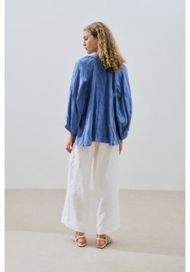 Keten Krushlı Düğmeli Bluz Mavi Mavi