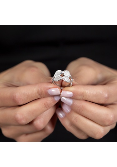 Zirkon Taşlı Çift Sıra Yaprak Tasarım 925 Ayar Gümüş Kadın Yüzük Beyaz