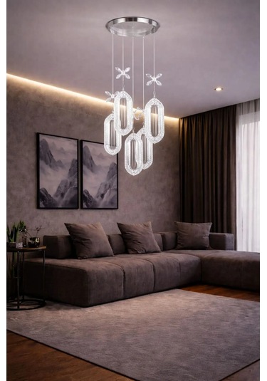 Bohem Aydınlatma Krom 5'li Sarkıt Elips 3 Renk Led Modern Avize Krom