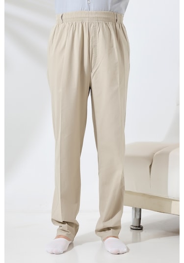 Erkek Krem Rahat Kesim Beli Lastikli Keten Hac Ve Umre Şalvar Pantolon Krem
