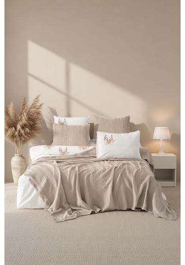 Arya Vizon Nakışlı Çift Kişilik Nevresimli Pike Seti - 7 Parça Çeyiz Seti Vizon