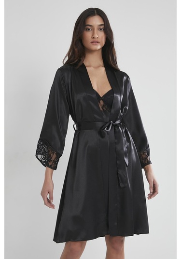 Pierre Cardin 4075 Saten Gecelik Sabahlık Takım - Siyah Siyah