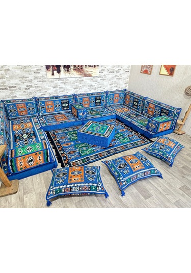 Coton Şark Köşesi Milas Desenli Minder Takımı Mavi