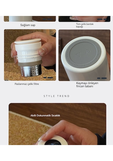 Termos Paslanmaz Çelik Çaydanlık Sıcaklık Göstergeli - Beyaz + 9