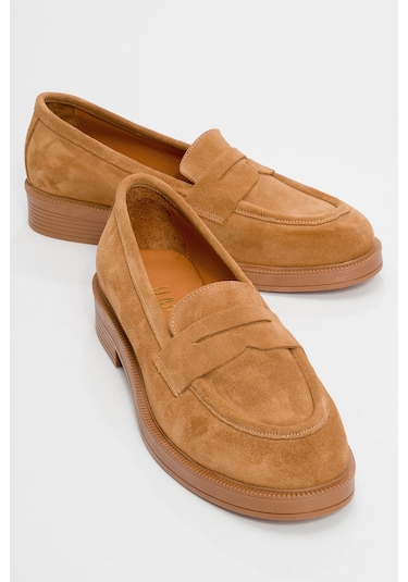 Pline Toprak Süet Hakiki Deri Kadın Loafer Ayakkabı Toprak