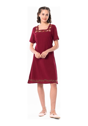 Kısa Kol Şile Bezi Kare Yaka Narin Kısa Yazlık Elbise Bordo Brd-bordo Bordo